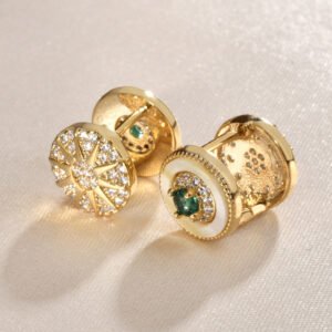 Golden Diamond and Emerald Button Earrings