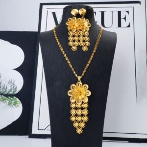 Gold Flower Pendant Necklace & Earrings Set